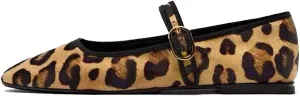 Women's Leopard Print Mary Jane Flats Square Toe Bow Tie Ballet Flats for Women Buckle Strap Comfortable Ballerina Shoes