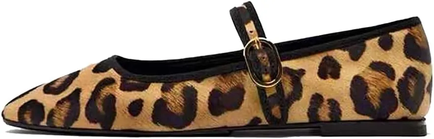 Women's Leopard Print Mary Jane Flats Square Toe Bow Tie Ballet Flats for Women Buckle Strap Comfortable Ballerina Shoes