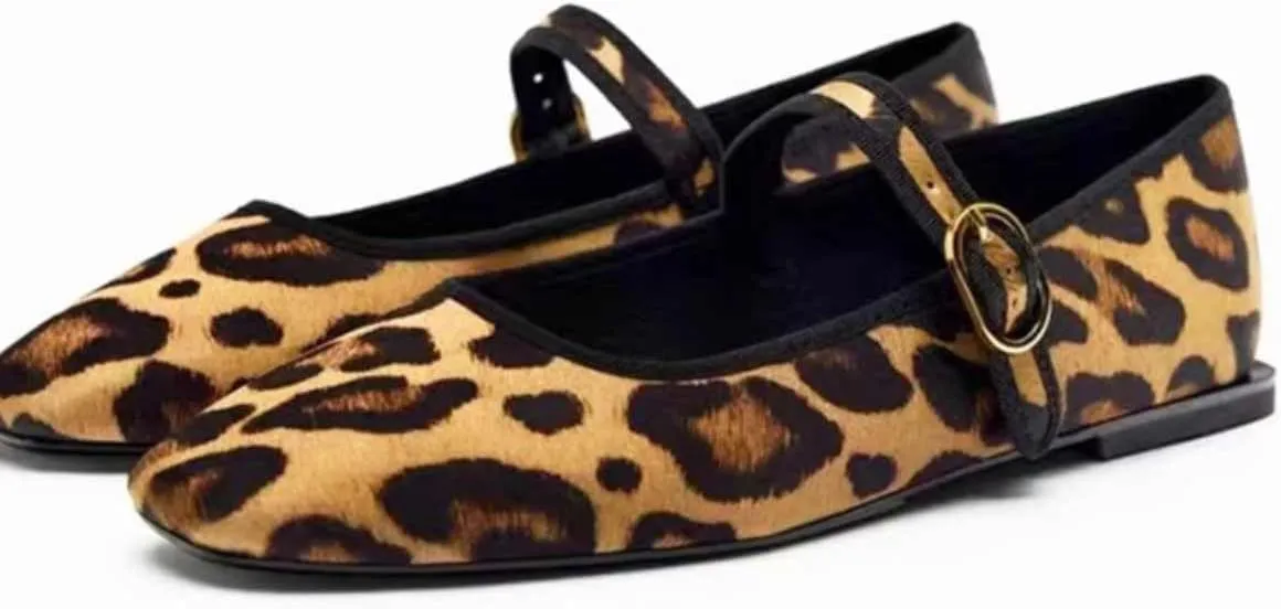 Women's Leopard Print Mary Jane Flats Square Toe Bow Tie Ballet Flats for Women Buckle Strap Comfortable Ballerina Shoes