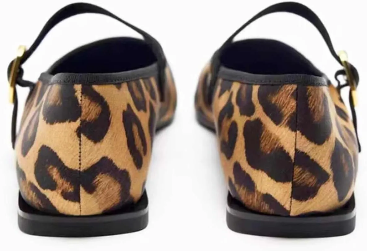 Women's Leopard Print Mary Jane Flats Square Toe Bow Tie Ballet Flats for Women Buckle Strap Comfortable Ballerina Shoes