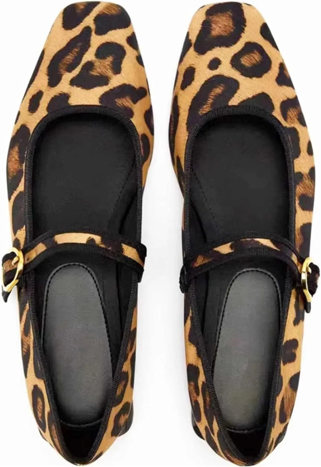 Women's Leopard Print Mary Jane Flats Square Toe Bow Tie Ballet Flats for Women Buckle Strap Comfortable Ballerina Shoes