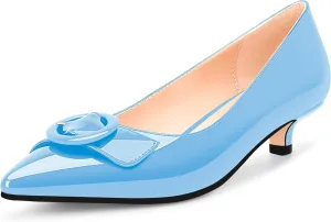 Women's Low Kitten Heel Pumps Pointed Closed Toe Buckle Slip On Office Comfort Shoes