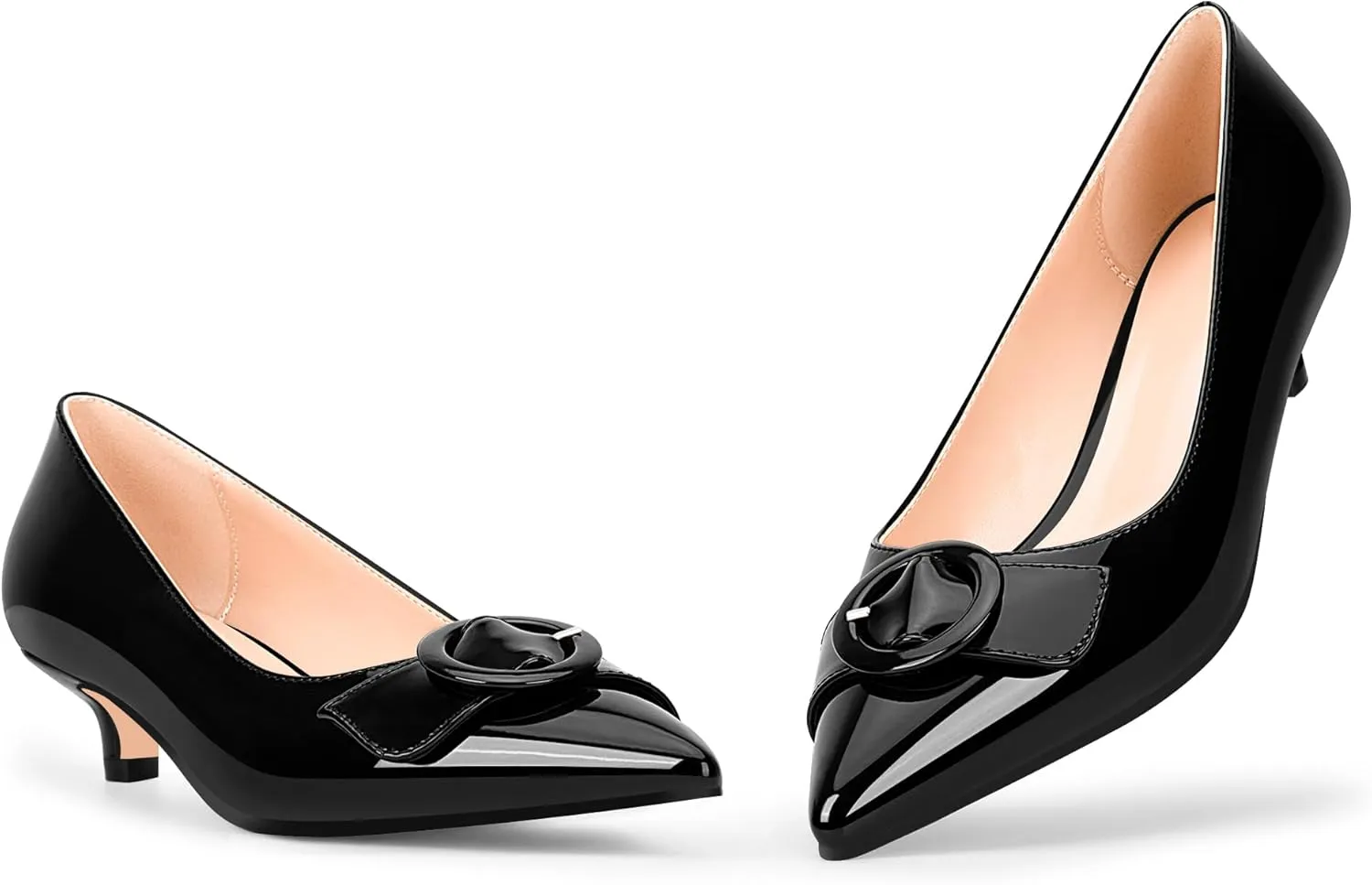 Women's Low Kitten Heel Pumps Pointed Closed Toe Buckle Slip On Office Comfort Shoes