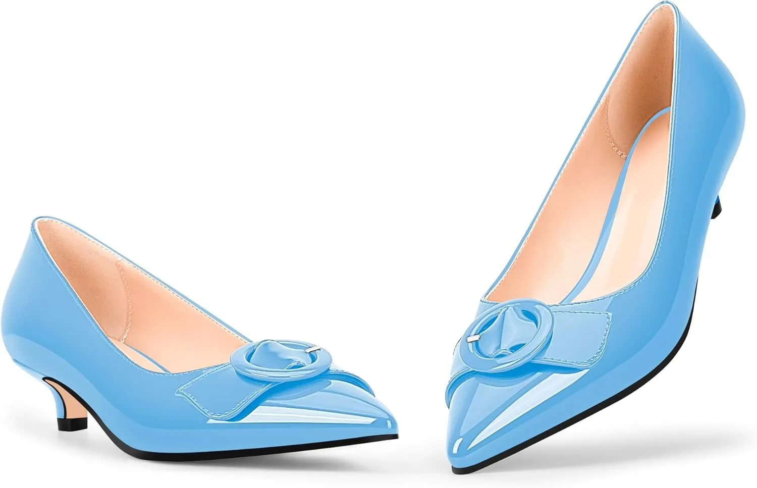 Women's Low Kitten Heel Pumps Pointed Closed Toe Buckle Slip On Office Comfort Shoes