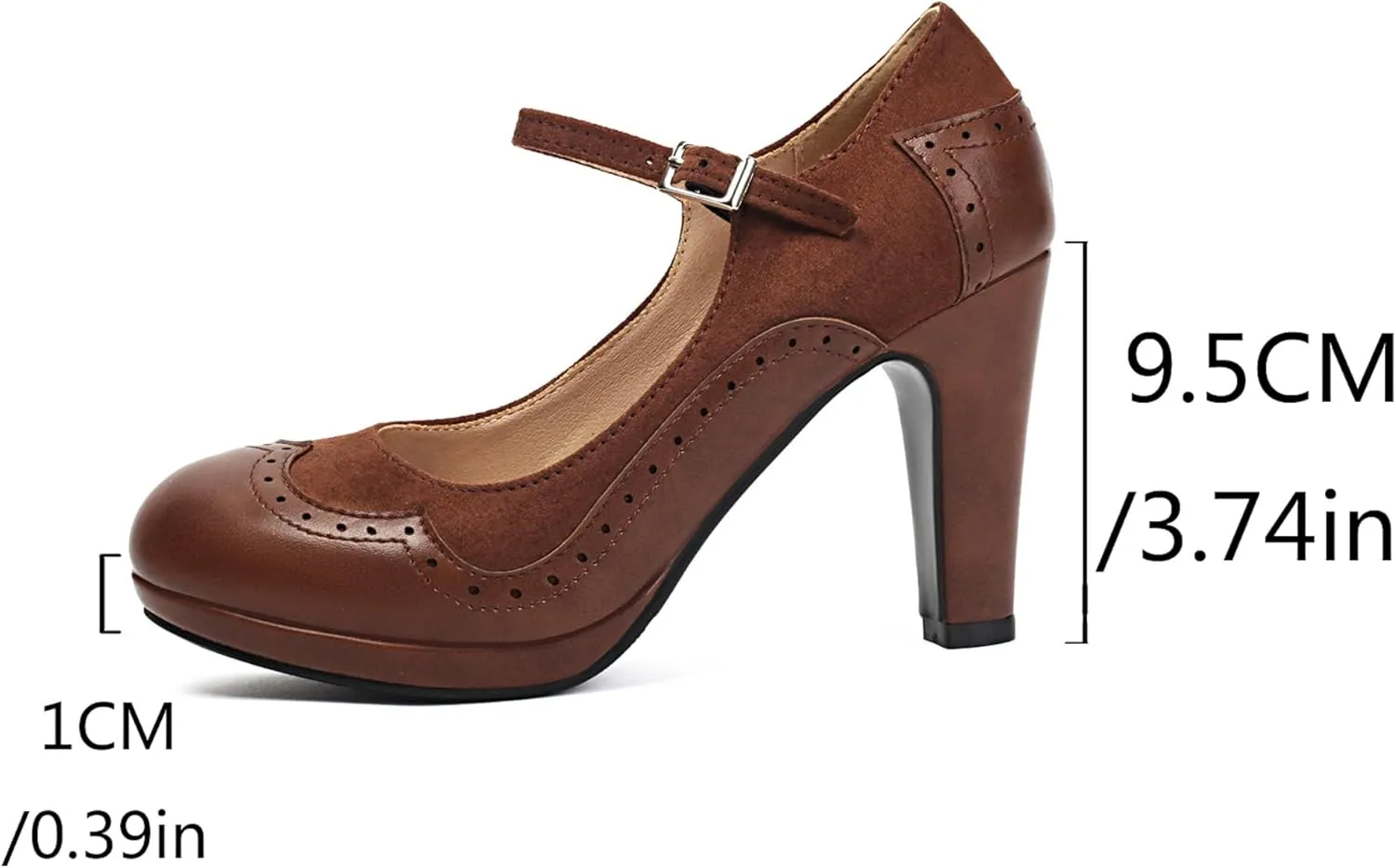 Women's Mary Jane Wingtip Classic and Retro 1920s Pump Heels Oxford Pattern Vintage Round Closed Toe 1950s Ankle Strap Dress Shoes
