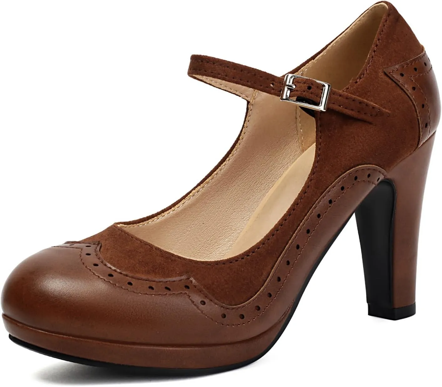 Women's Mary Jane Wingtip Classic and Retro 1920s Pump Heels Oxford Pattern Vintage Round Closed Toe 1950s Ankle Strap Dress Shoes