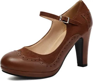 Women's Mary Jane Wingtip Classic and Retro 1920s Pump Heels Oxford Pattern Vintage Round Closed Toe 1950s Ankle Strap Dress Shoes