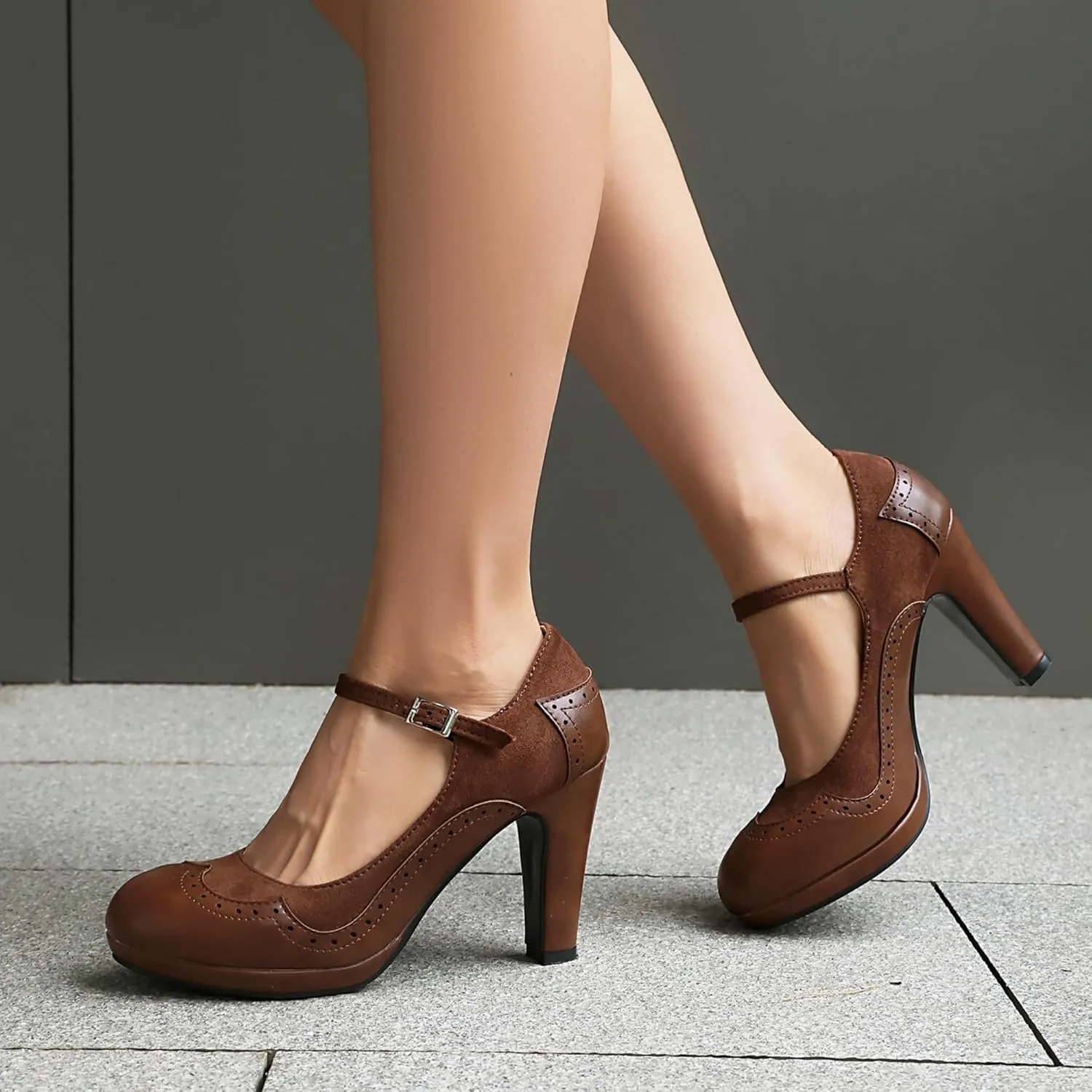 Women's Mary Jane Wingtip Classic and Retro 1920s Pump Heels Oxford Pattern Vintage Round Closed Toe 1950s Ankle Strap Dress Shoes
