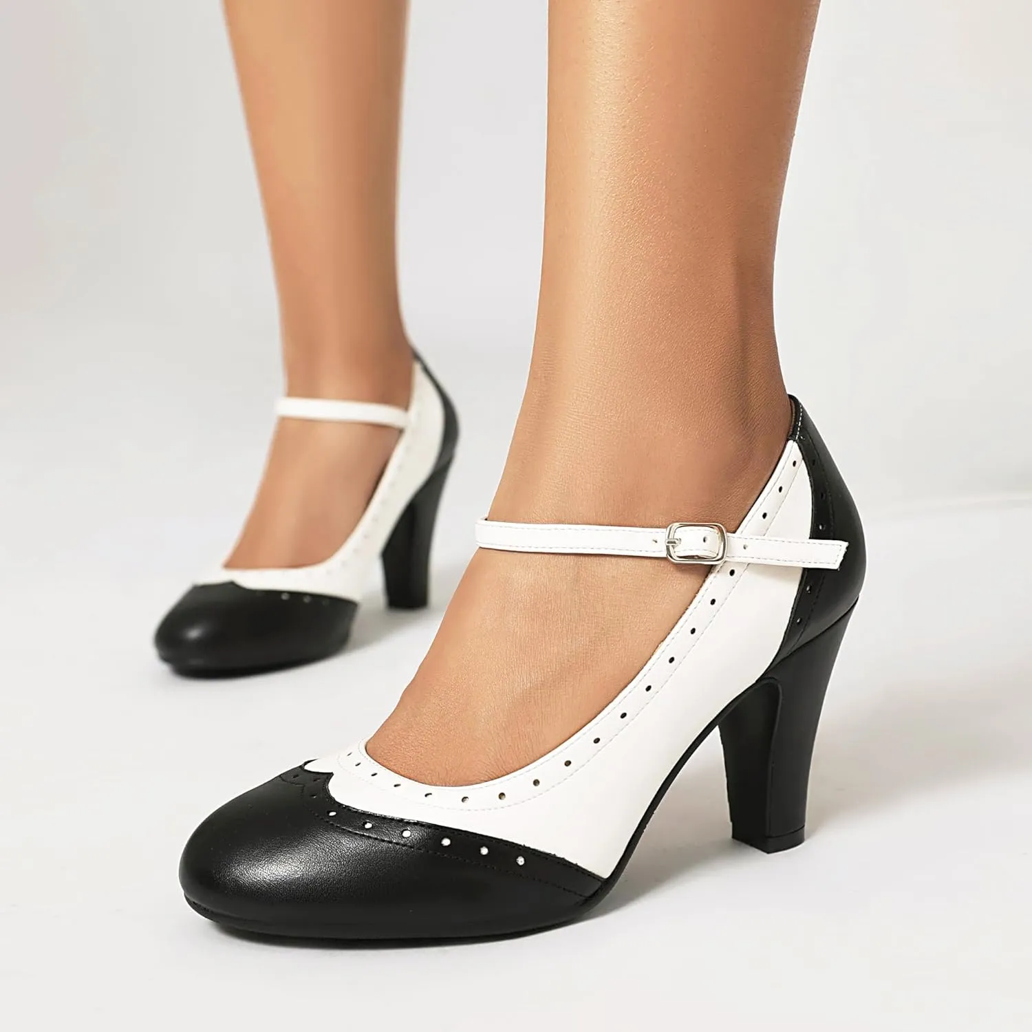 Women's Mary Jane Wingtip Rockability Oxford Two Tones Close Round Toe Vintage 1950s Heels Ankle Straps Retro 1920s Victorian Pumps Shoes
