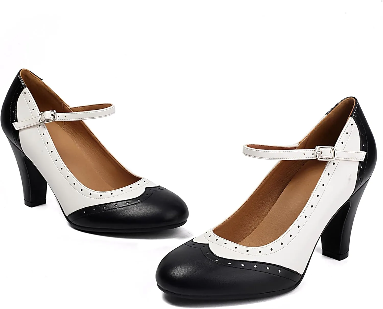Women's Mary Jane Wingtip Rockability Oxford Two Tones Close Round Toe Vintage 1950s Heels Ankle Straps Retro 1920s Victorian Pumps Shoes