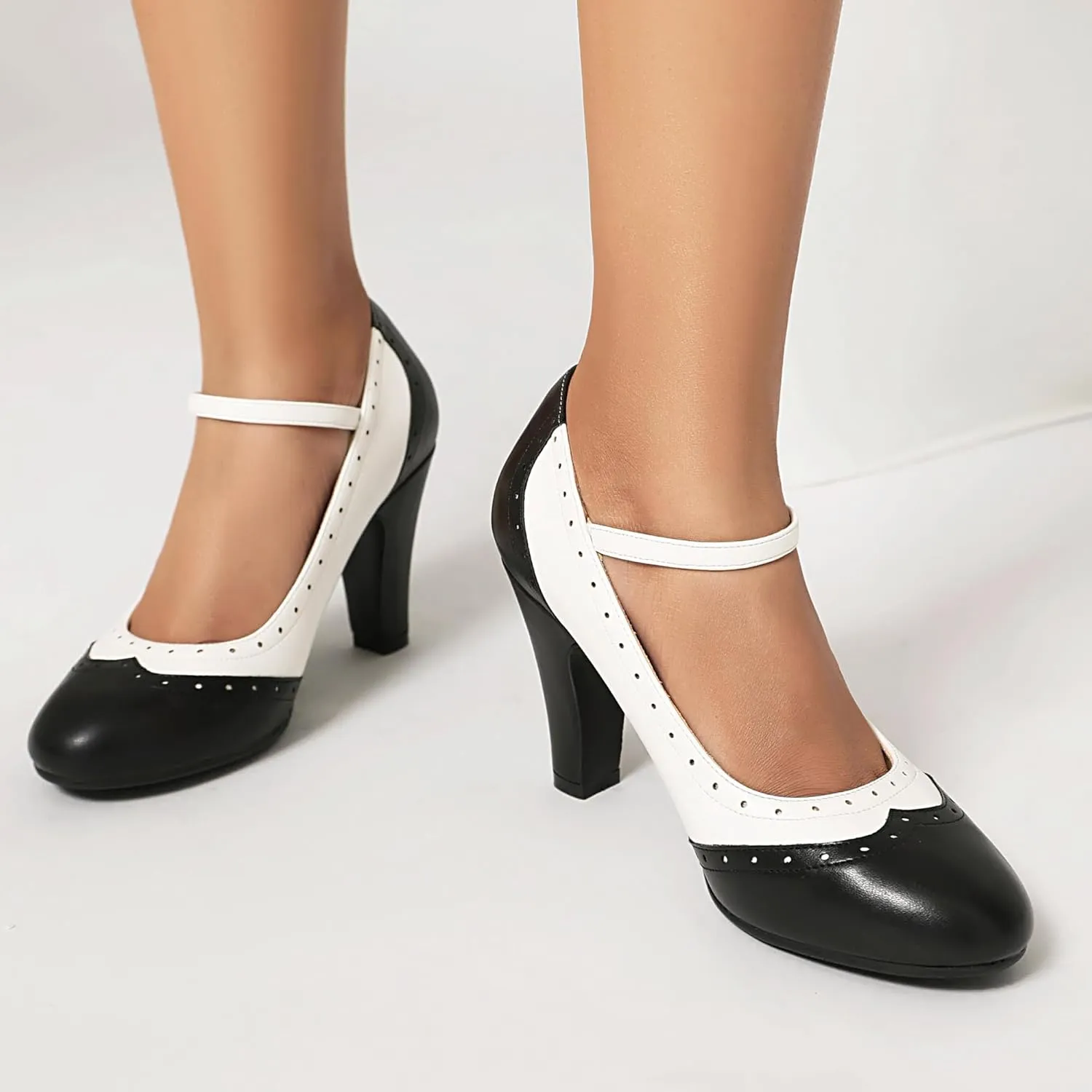 Women's Mary Jane Wingtip Rockability Oxford Two Tones Close Round Toe Vintage 1950s Heels Ankle Straps Retro 1920s Victorian Pumps Shoes