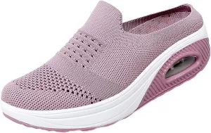 Women's Mesh Breathable Platform Air Cushion Mules Clogs Casual Slip-ons Open Back Walking Sneaker Slippers Arch Support Wedge Rocker Shoes