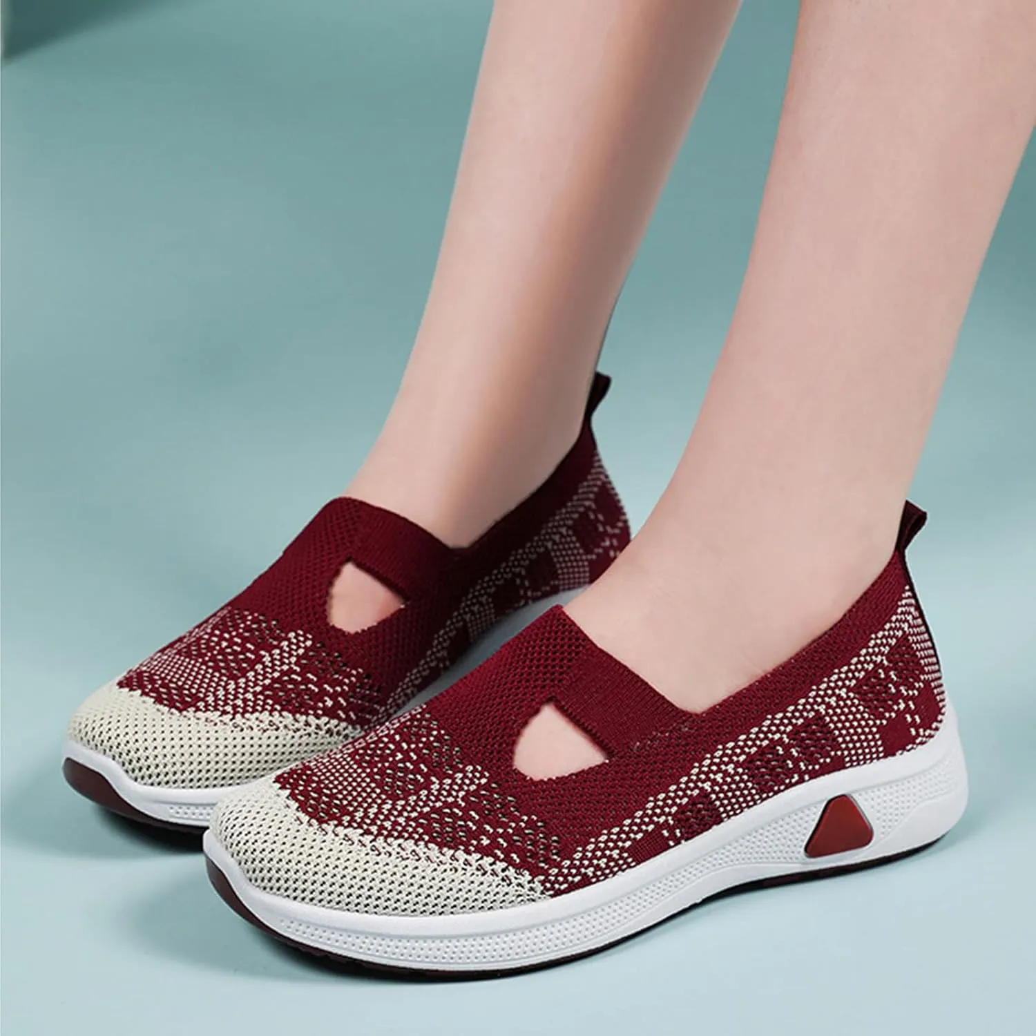 Women's Orthopedic Walking Shoes Lightweight Breathable Knitted Hollow Out Soft Sole Sneakers Summer Comfortable Slip On Round Toe Ballet Flats with Arch Support