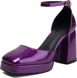 Women'S Patent Leather Platform Chunky Heel Pumps Sexy Closed Square Toe Ankle Strap Comfort Block High Heeled backless Dress Sandals For Dating Prom Party Wedding Evening