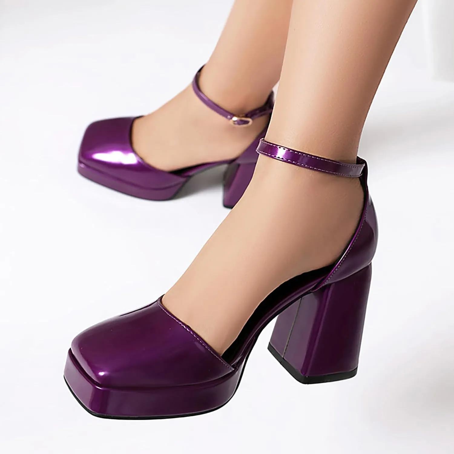 Women'S Patent Leather Platform Chunky Heel Pumps Sexy Closed Square Toe Ankle Strap Comfort Block High Heeled backless Dress Sandals For Dating Prom Party Wedding Evening