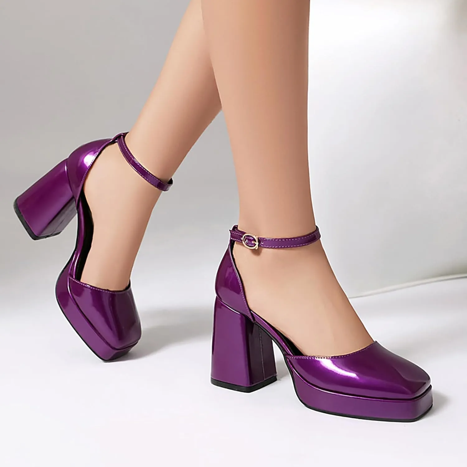 Women'S Patent Leather Platform Chunky Heel Pumps Sexy Closed Square Toe Ankle Strap Comfort Block High Heeled backless Dress Sandals For Dating Prom Party Wedding Evening