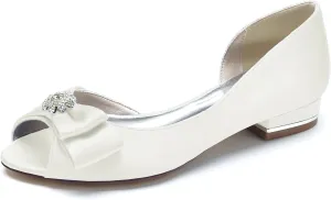 Women's Peep Toe Flat Pumps Satin Rhinestone Wedding Dress Shoes Evening Party Comfort Bridal Flats Slip-on Sandals