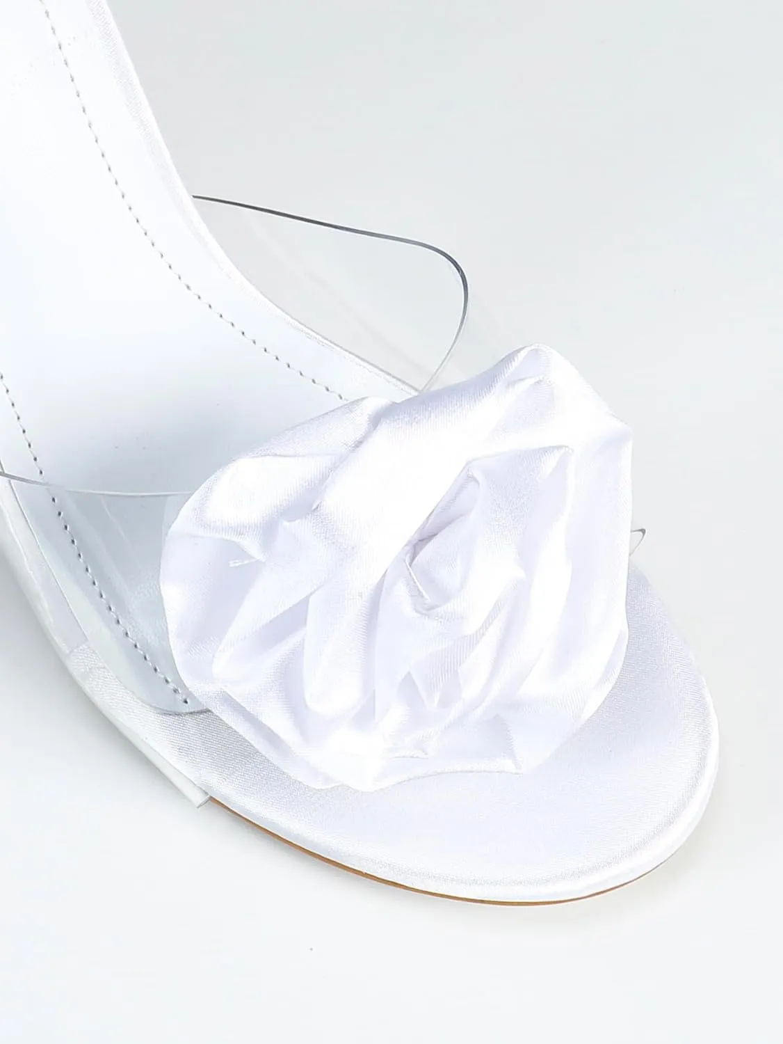 Women’s Pink Satin Heeled Sandals with 3D Floral Accents | Elegant Wedding Party Shoes | Transparent PVC Straps & Slender Heel for Brides, Prom, Dates