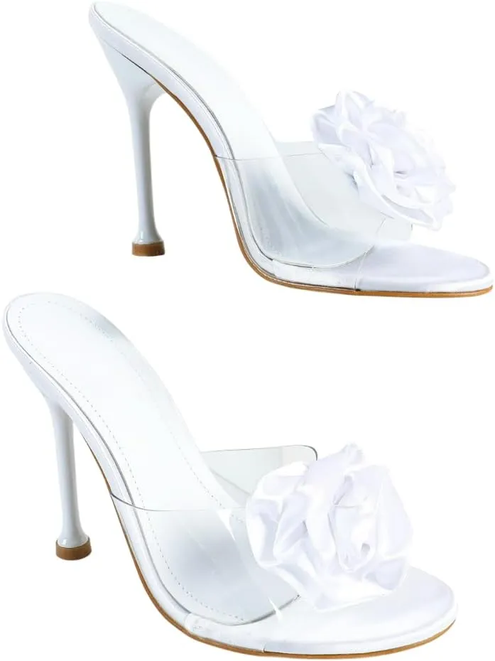 Women’s Pink Satin Heeled Sandals with 3D Floral Accents | Elegant Wedding Party Shoes | Transparent PVC Straps & Slender Heel for Brides, Prom, Dates