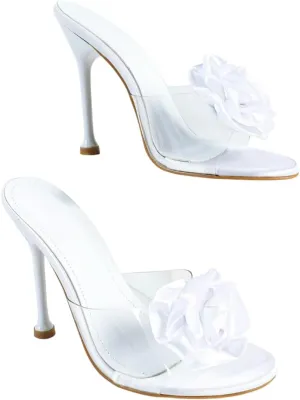 Women’s Pink Satin Heeled Sandals with 3D Floral Accents | Elegant Wedding Party Shoes | Transparent PVC Straps & Slender Heel for Brides, Prom, Dates