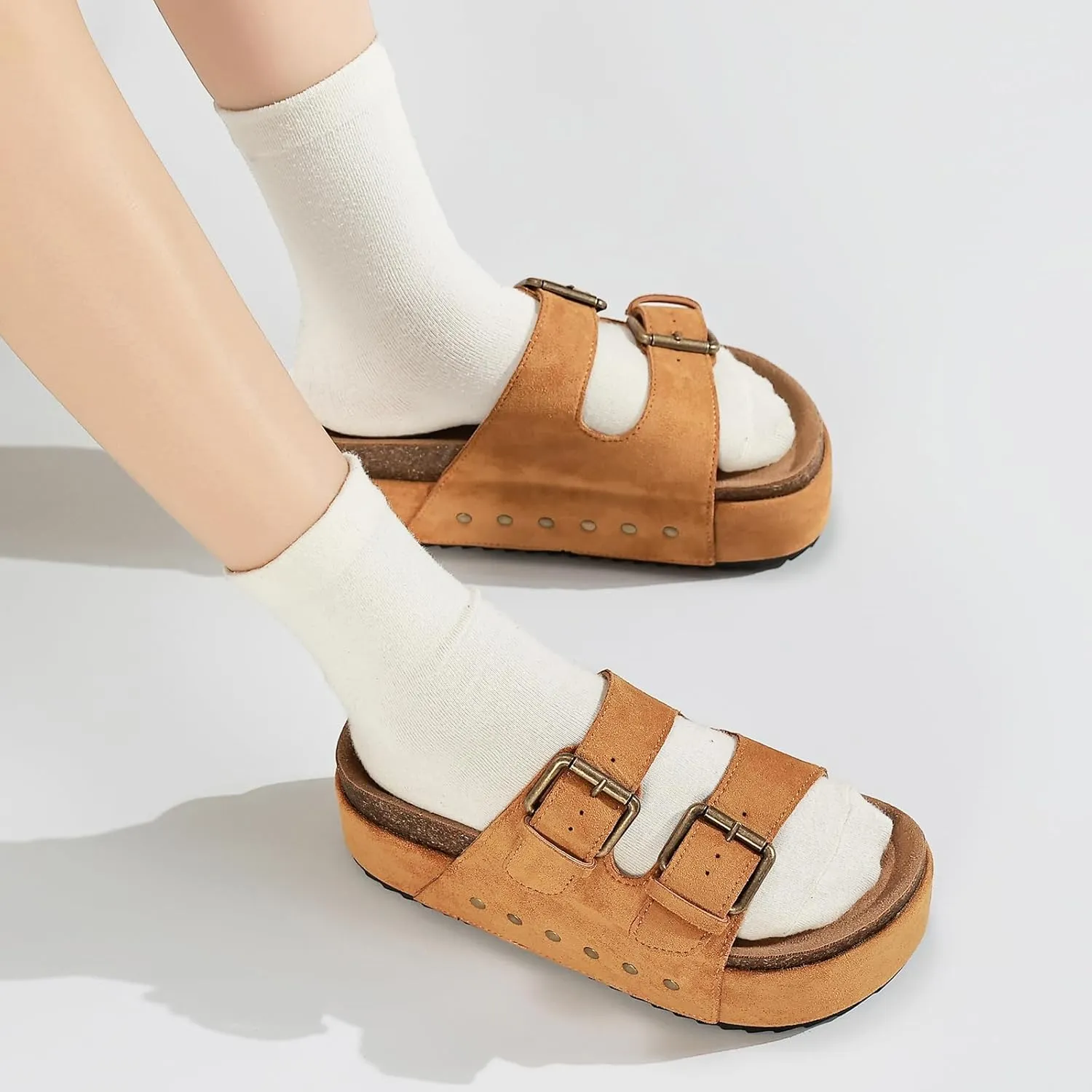 Women's Platform Clogs Sandals Cork Footbed with Comfort Double Buckles, Summer Platform Slides Mules, Summer Beach Comfort Wide Widths Availab