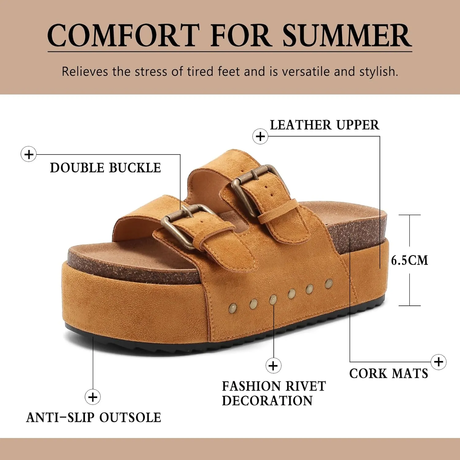 Women's Platform Clogs Sandals Cork Footbed with Comfort Double Buckles, Summer Platform Slides Mules, Summer Beach Comfort Wide Widths Availab
