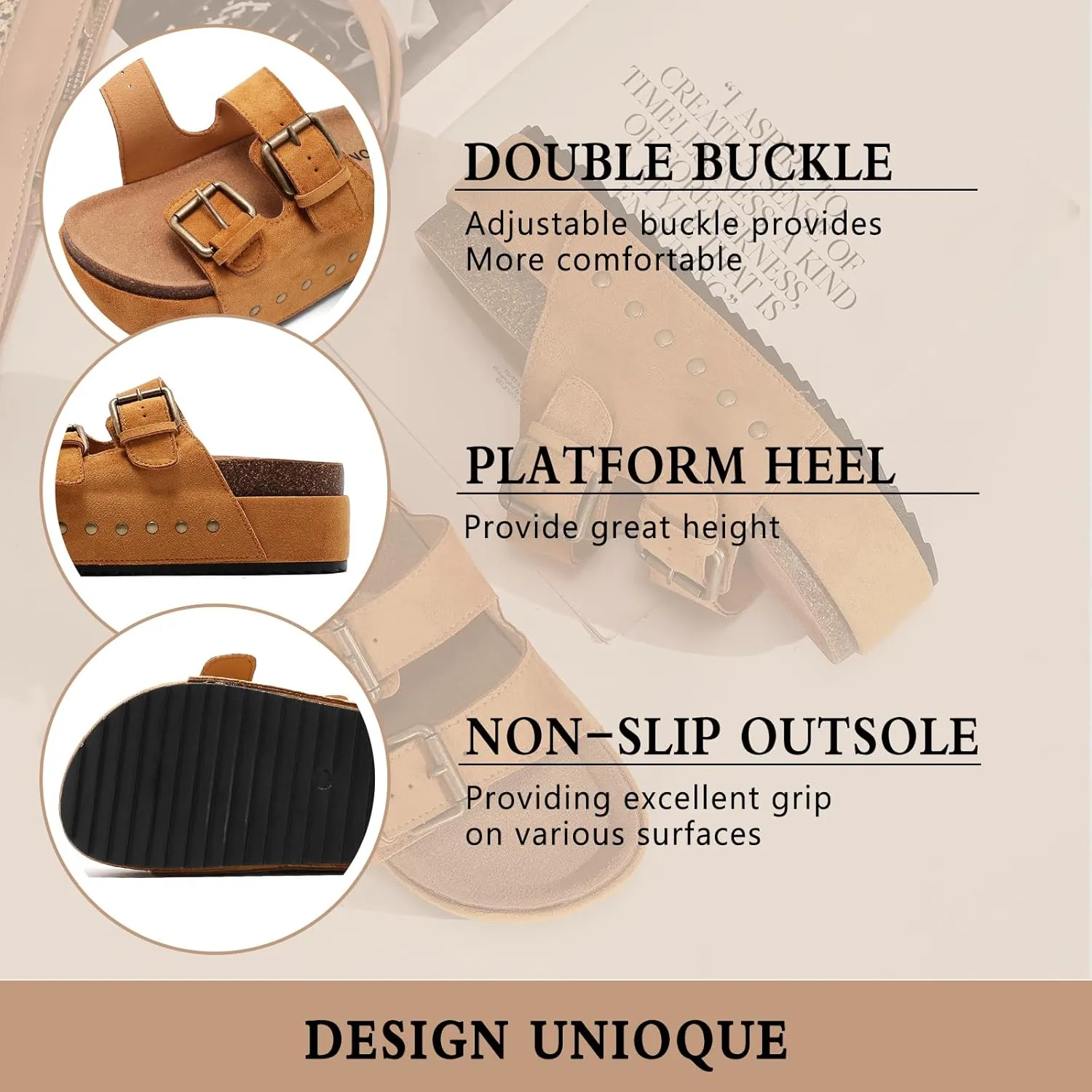 Women's Platform Clogs Sandals Cork Footbed with Comfort Double Buckles, Summer Platform Slides Mules, Summer Beach Comfort Wide Widths Availab