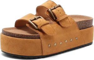 Women's Platform Clogs Sandals Cork Footbed with Comfort Double Buckles, Summer Platform Slides Mules, Summer Beach Comfort Wide Widths Availab