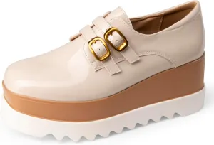 Women's Platform Oxford Shoes Classic Chunky Patent Leather PU Square Toe Wedges Casual Lace Up Sneakers