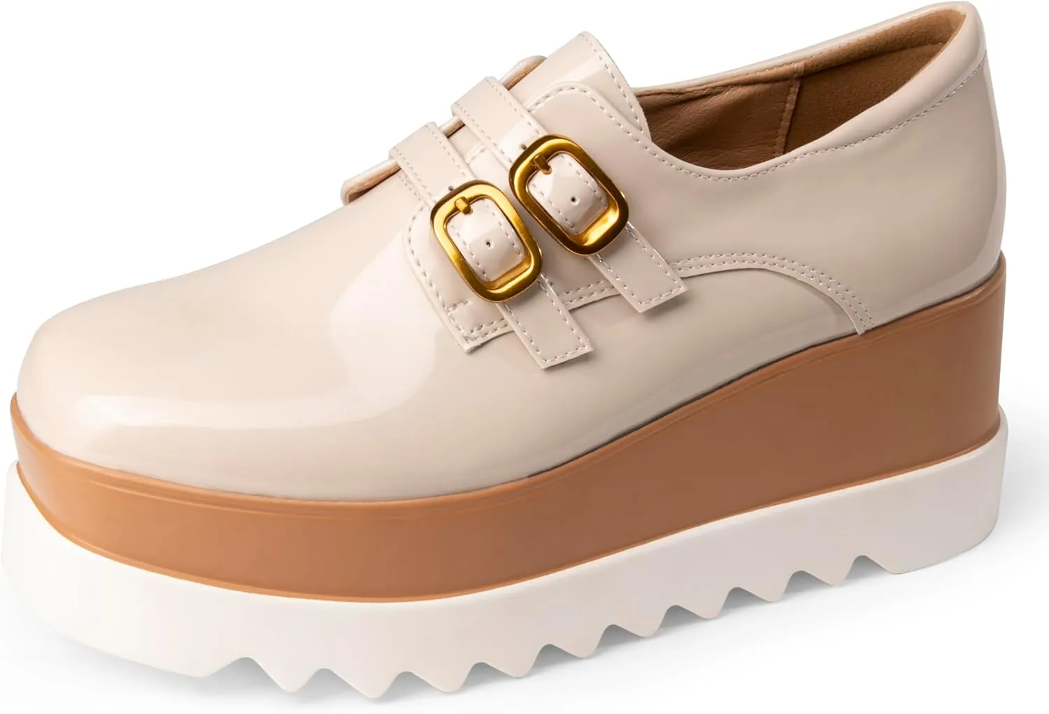 Women's Platform Oxford Shoes Classic Chunky Patent Leather PU Square Toe Wedges Casual Lace Up Sneakers