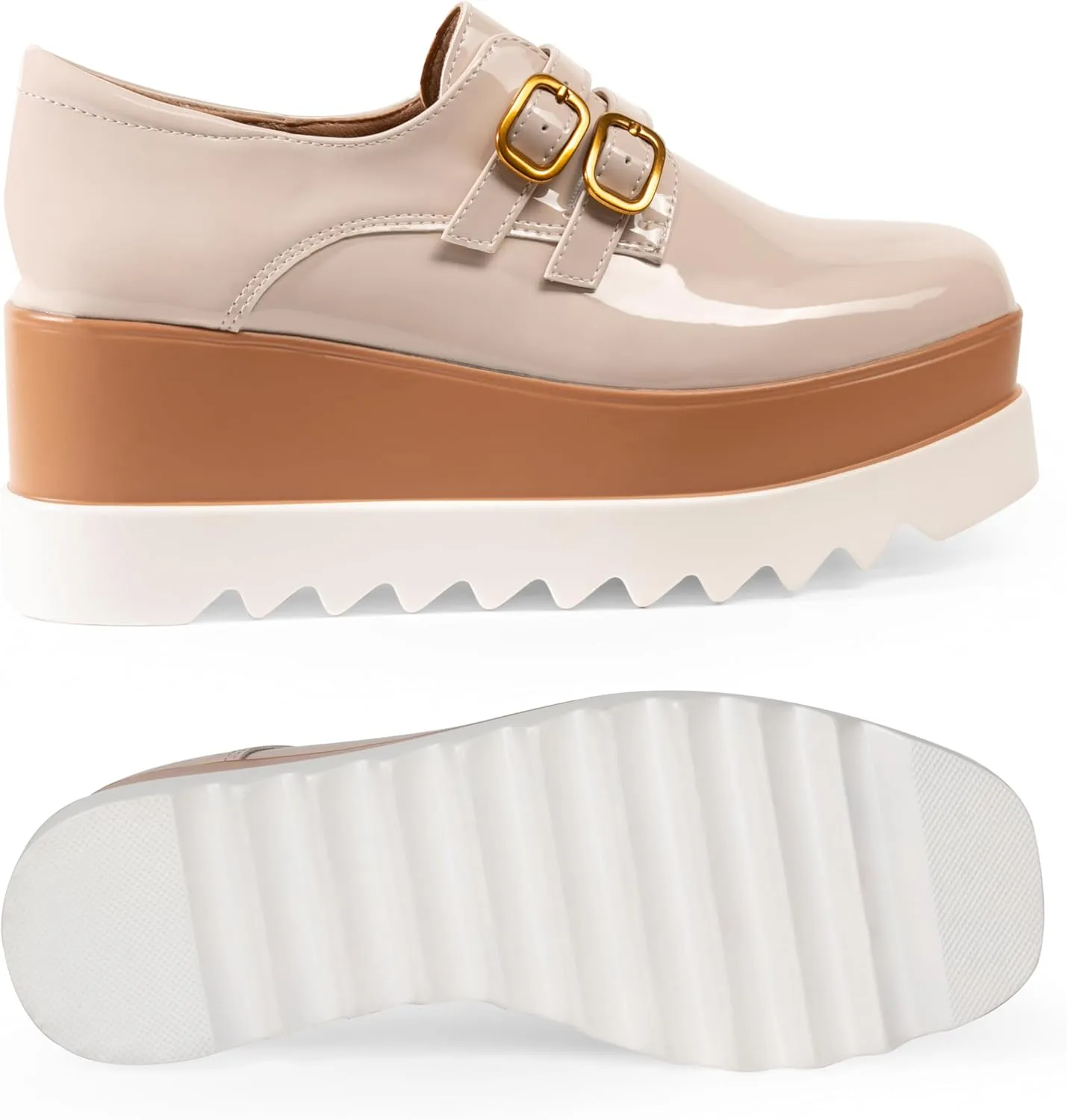 Women's Platform Oxford Shoes Classic Chunky Patent Leather PU Square Toe Wedges Casual Lace Up Sneakers