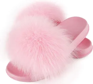 Women's Real Fox Fur Slides, Fluffy Fur Sandals for Indoor/Outdoor Comfort