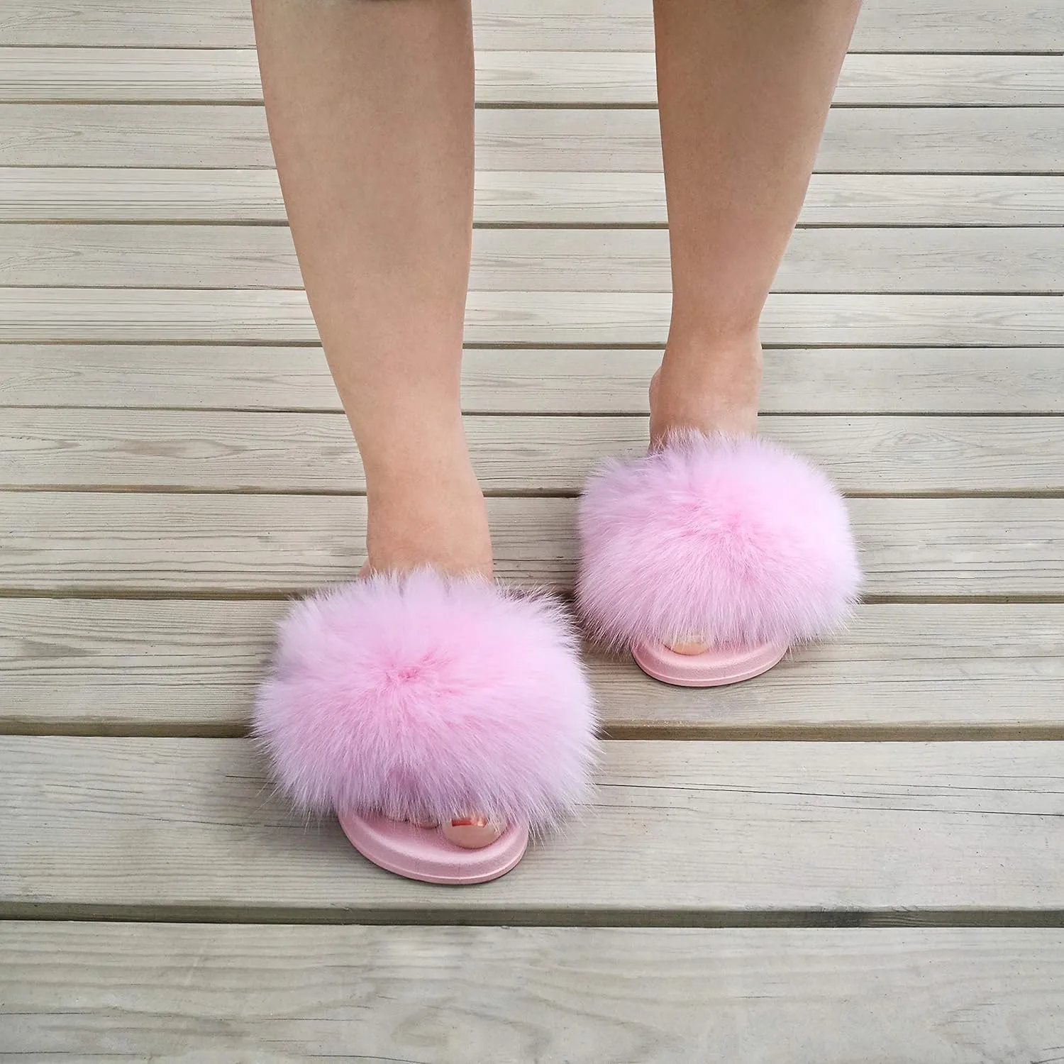 Women's Real Fox Fur Slides, Fluffy Fur Sandals for Indoor/Outdoor Comfort