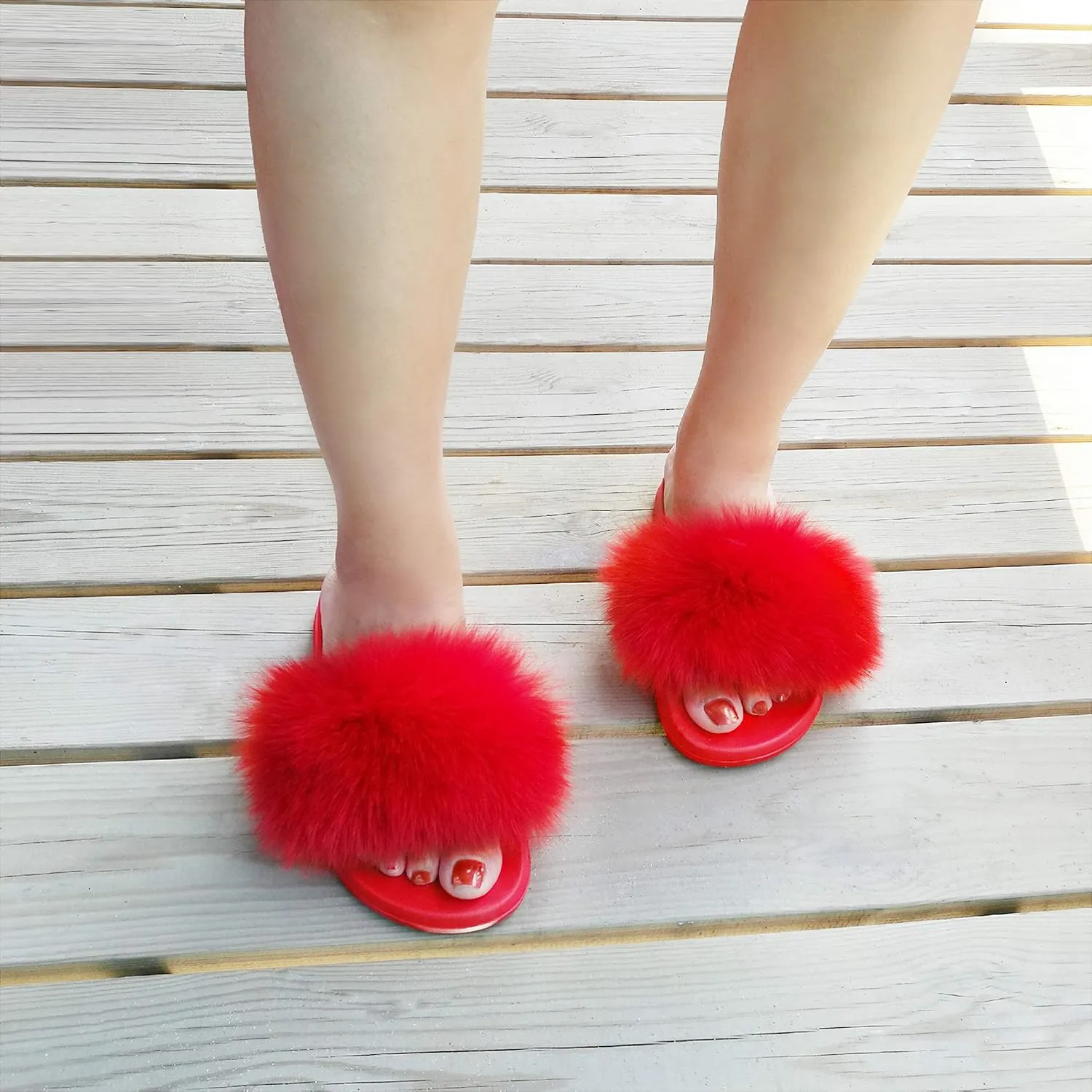 Women's Real Fox Fur Slides, Fluffy Fur Sandals for Indoor/Outdoor Comfort