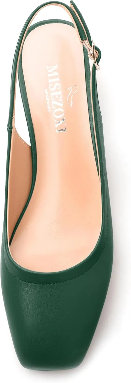 Womens Slingbacks, Square Toe Low Block Heel Pumps for Women, Comfort Casual Shoes for Workplace 1.4"