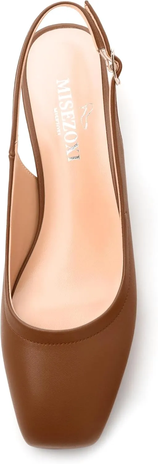 Womens Slingbacks, Square Toe Low Block Heel Pumps for Women, Comfort Casual Shoes for Workplace 1.4"