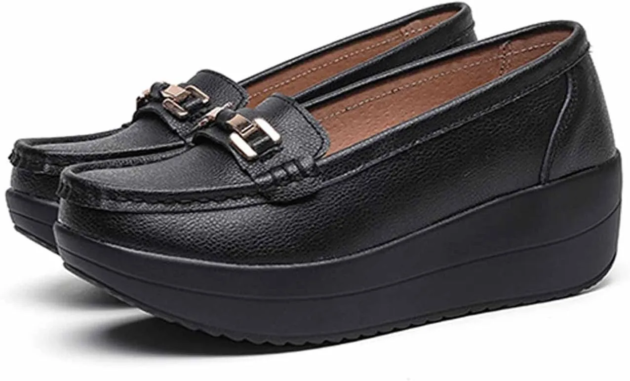 Women's Slip-on Wedge Moccasin Loafers,Comfortable Round Toe Thick Sole Boat Shoes,Non-Slip Platform Wedge Sneakers