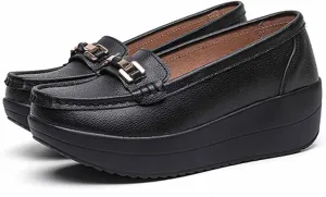 Women's Slip-on Wedge Moccasin Loafers,Comfortable Round Toe Thick Sole Boat Shoes,Non-Slip Platform Wedge Sneakers
