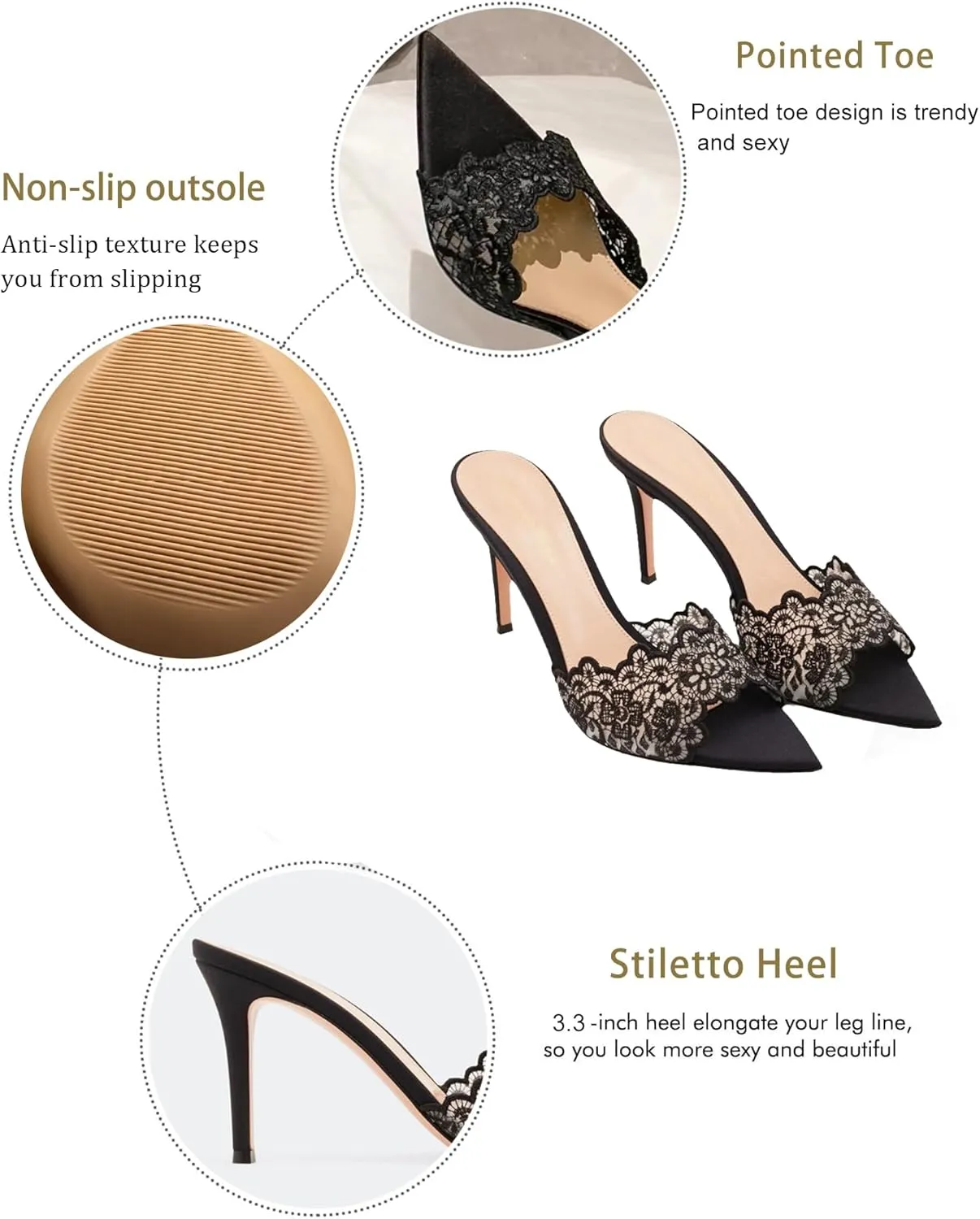 Women's Stiletto Pointed Open Toe Slip on Heeled Sandals Sexy High Heel Mule Sandals Slip-on Porm Party Wedding Dress Shoes