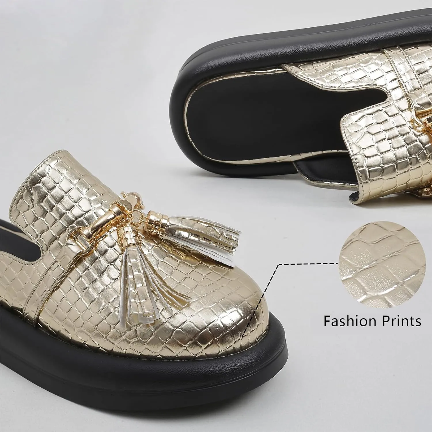 Women's Stone Print Leather Platform Fringe Mules Closed Round Toe Slip On Non-Slip Sandals with Soft Cushion Indoor/Outdoor Comfort Casual Clogs Slides