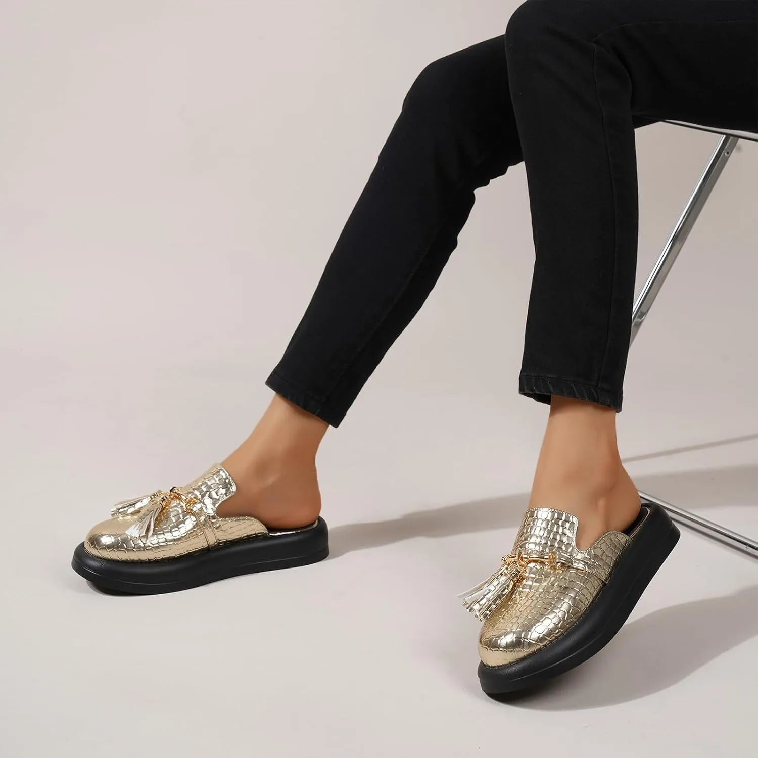 Women's Stone Print Leather Platform Fringe Mules Closed Round Toe Slip On Non-Slip Sandals with Soft Cushion Indoor/Outdoor Comfort Casual Clogs Slides