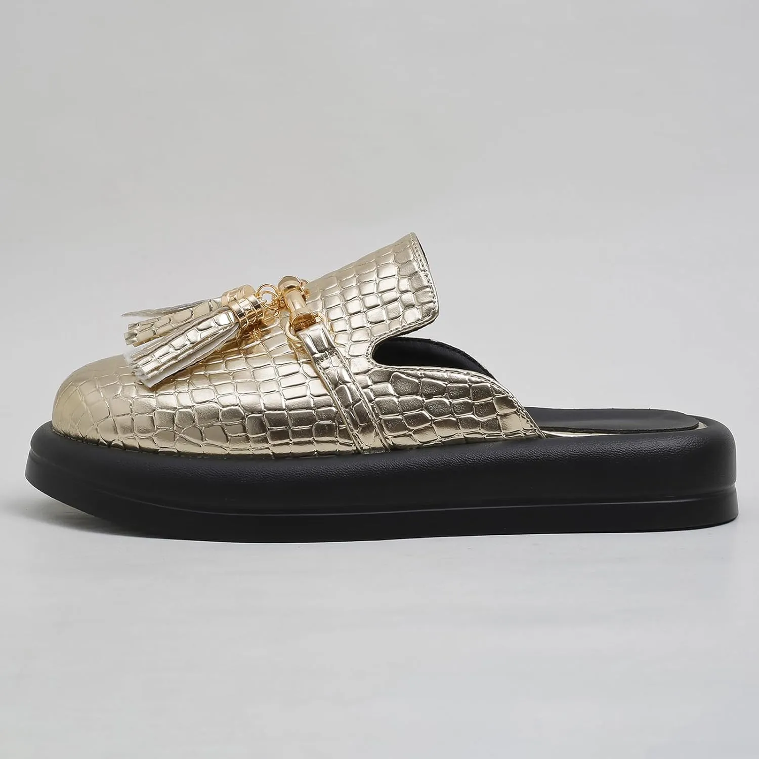 Women's Stone Print Leather Platform Fringe Mules Closed Round Toe Slip On Non-Slip Sandals with Soft Cushion Indoor/Outdoor Comfort Casual Clogs Slides