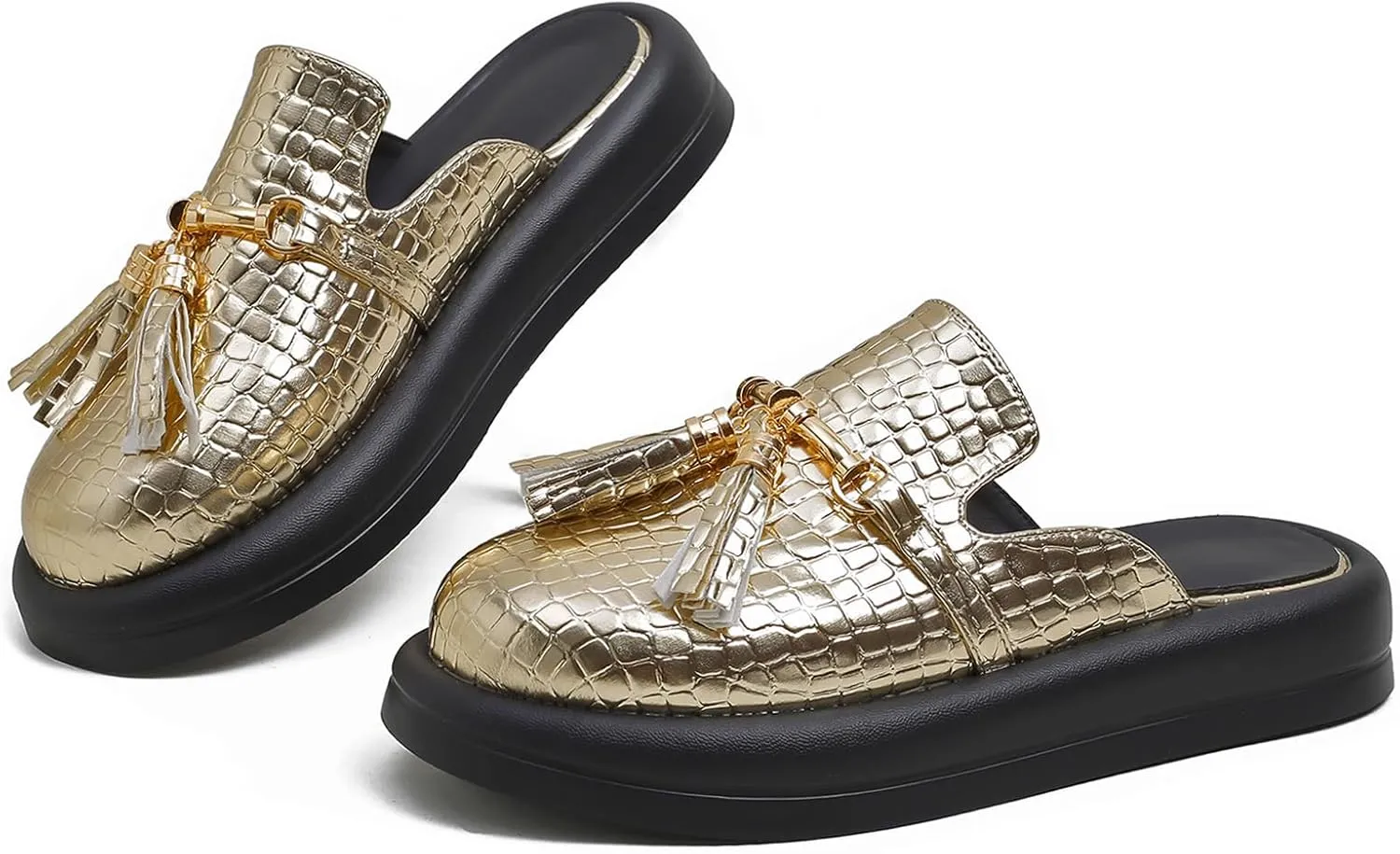 Women's Stone Print Leather Platform Fringe Mules Closed Round Toe Slip On Non-Slip Sandals with Soft Cushion Indoor/Outdoor Comfort Casual Clogs Slides