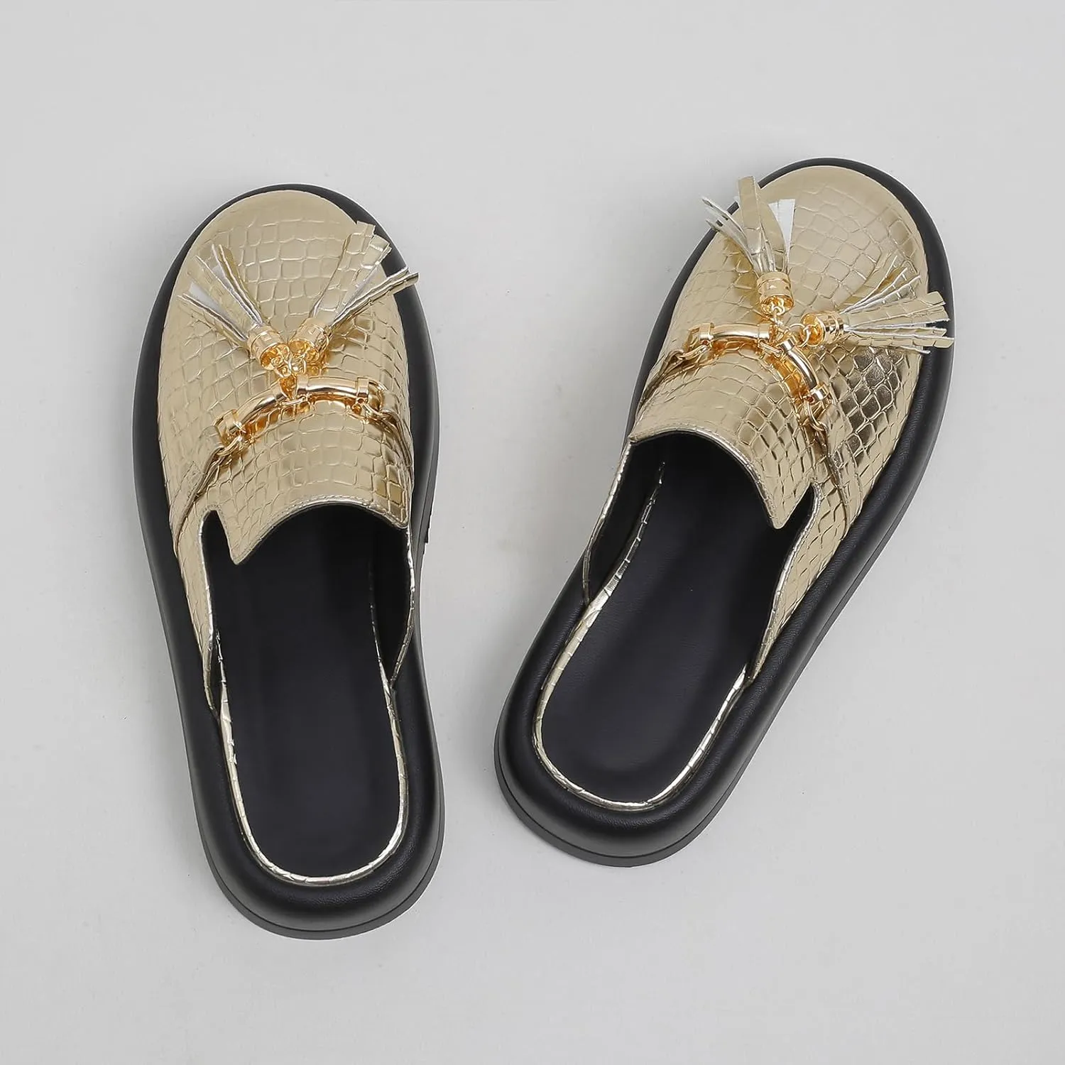 Women's Stone Print Leather Platform Fringe Mules Closed Round Toe Slip On Non-Slip Sandals with Soft Cushion Indoor/Outdoor Comfort Casual Clogs Slides