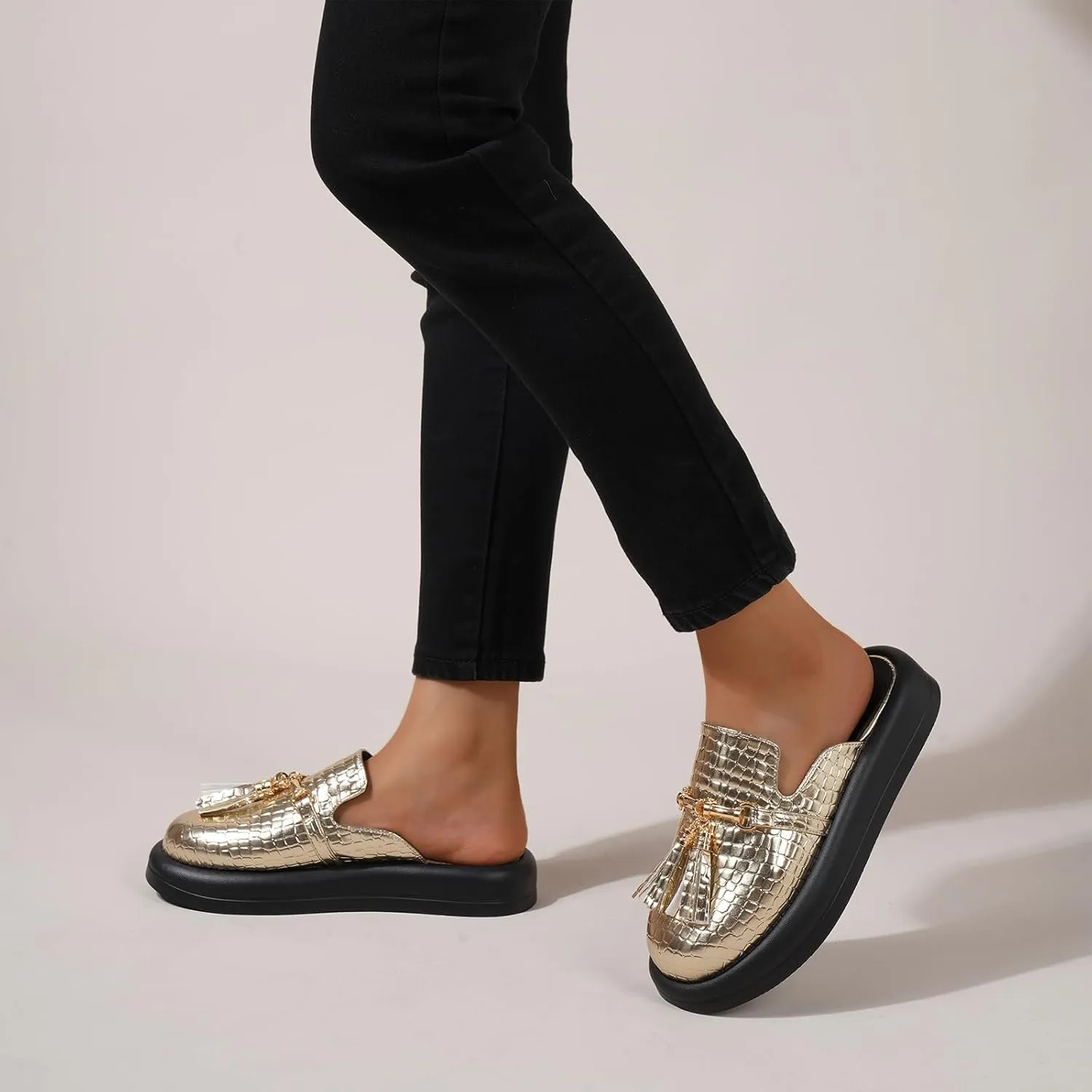 Women's Stone Print Leather Platform Fringe Mules Closed Round Toe Slip On Non-Slip Sandals with Soft Cushion Indoor/Outdoor Comfort Casual Clogs Slides