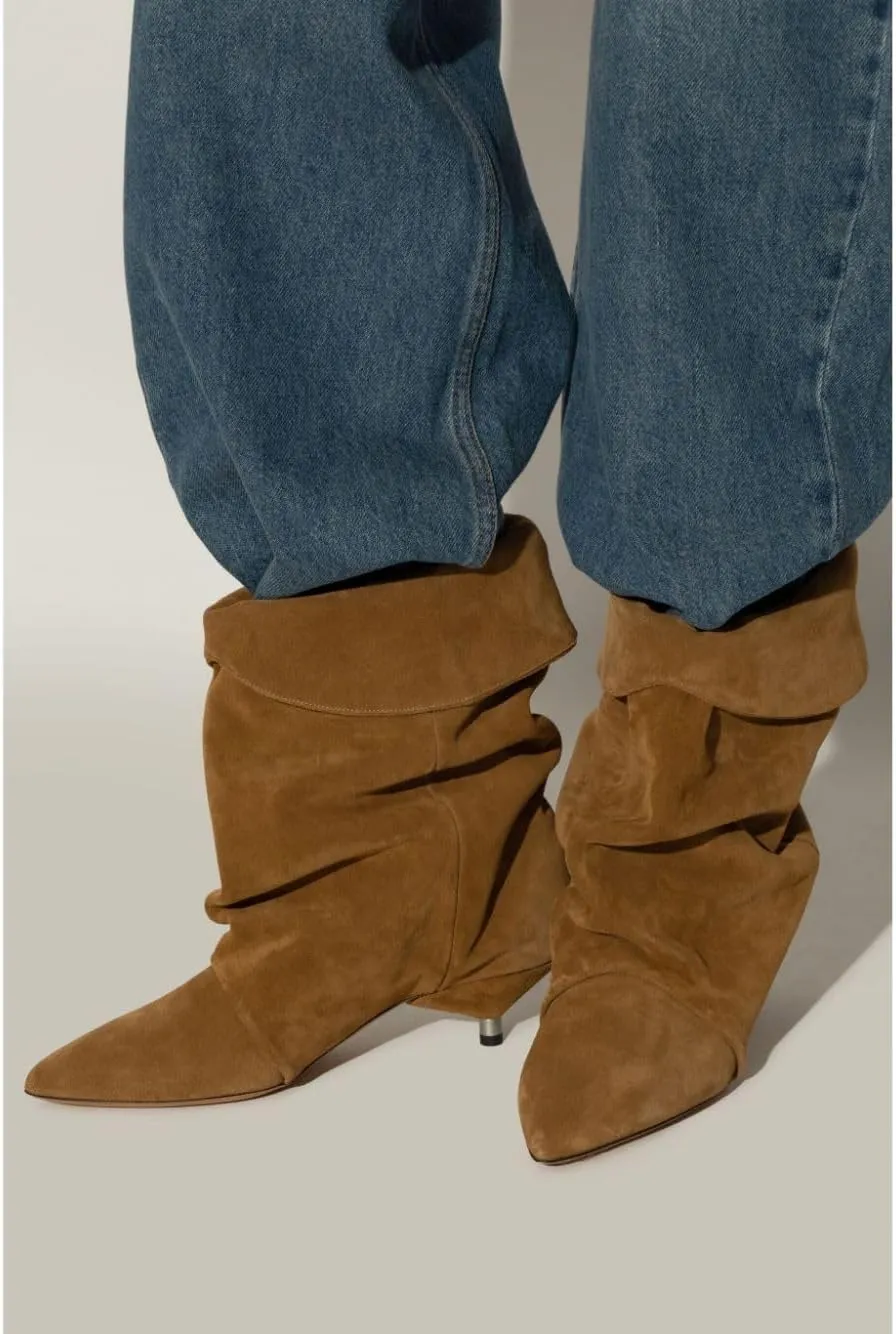 Women's Suede Ankle Boots Kitten Heel Pointed Toe Slouchy Fold Boots Slip On Causal Winter Cowboy Short Booties Ladies