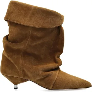 Women's Suede Ankle Boots Kitten Heel Pointed Toe Slouchy Fold Boots Slip On Causal Winter Cowboy Short Booties Ladies