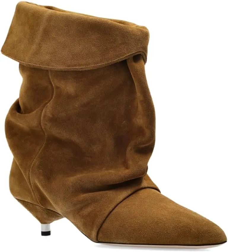 Women's Suede Ankle Boots Kitten Heel Pointed Toe Slouchy Fold Boots Slip On Causal Winter Cowboy Short Booties Ladies