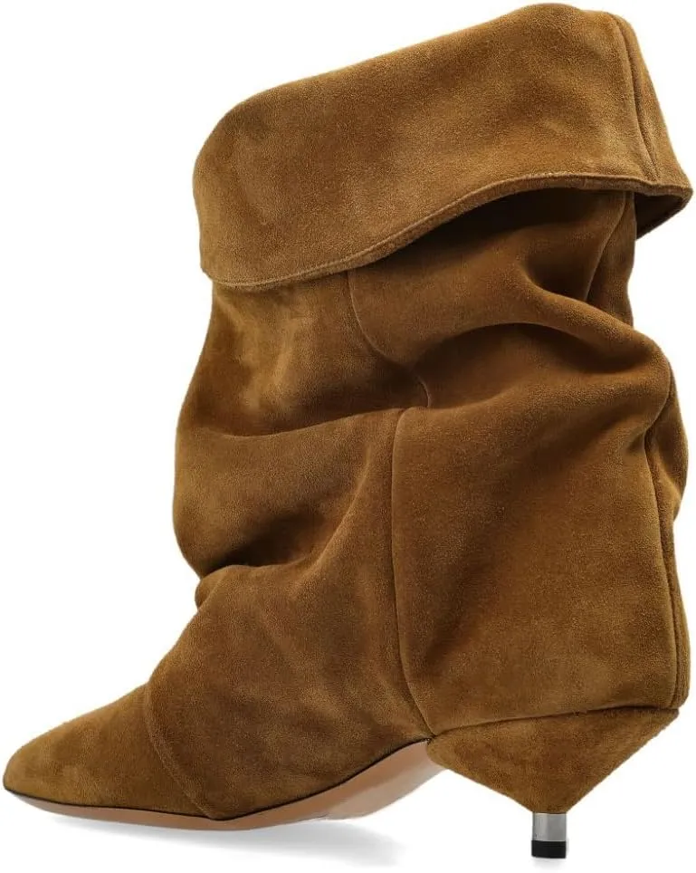 Women's Suede Ankle Boots Kitten Heel Pointed Toe Slouchy Fold Boots Slip On Causal Winter Cowboy Short Booties Ladies
