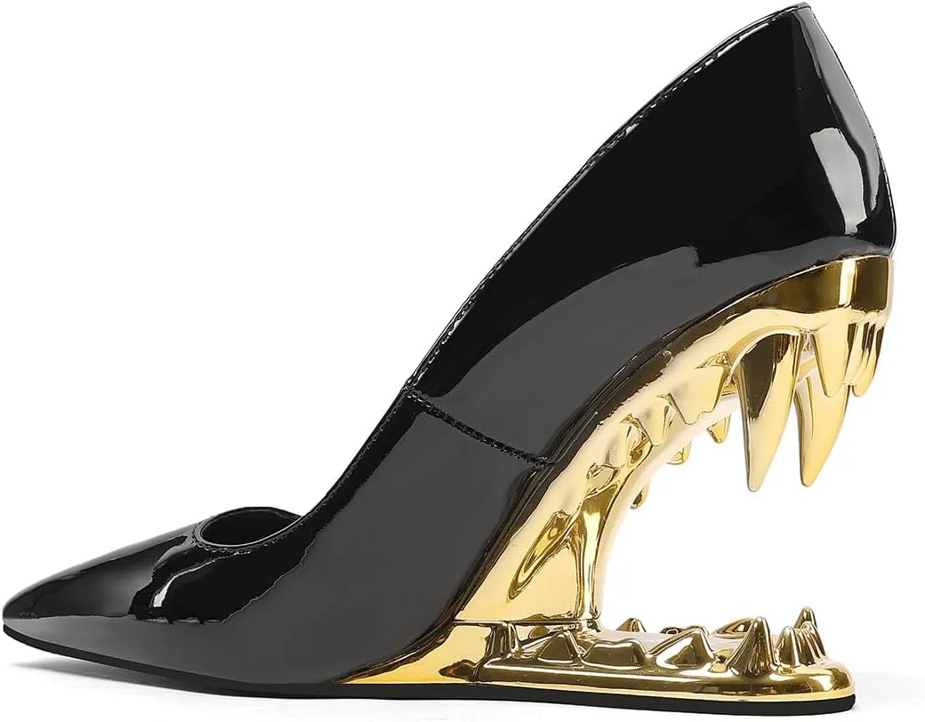 Women's Tiger Tooth Slip On High Heels Pointed Toe Mirror Patent Leather Comfort Pumps Shoes